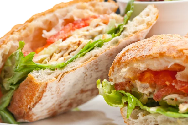 Ciabatta panini sandwich with chicken and tomato — Stock Photo, Image