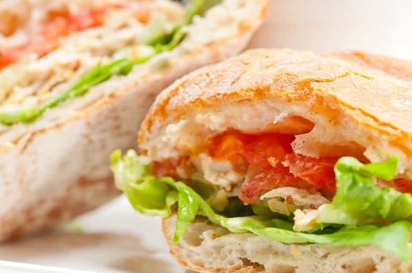 Ciabatta panini sandwich with chicken and tomato — Stock Photo, Image