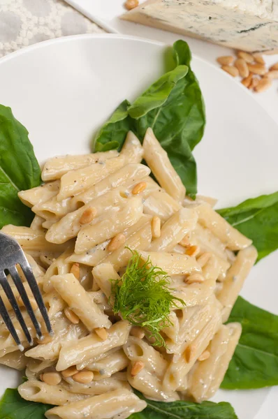 Italian pasta penne gorgonzola and pine nuts — Stock Photo, Image