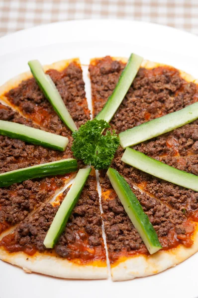 Turkish beef pizza with cucumber on top — Stock Photo, Image