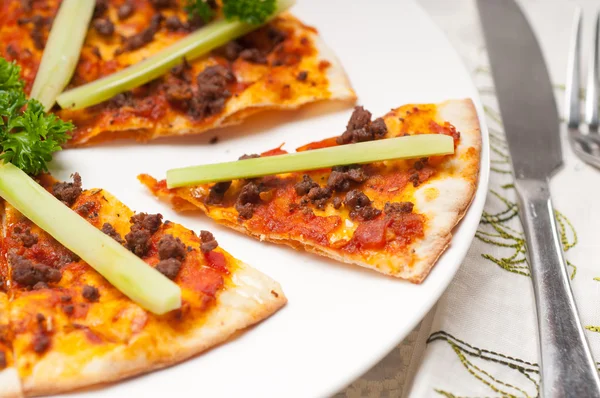 Turkish beef pizza with cucumber on top — Stock Photo, Image