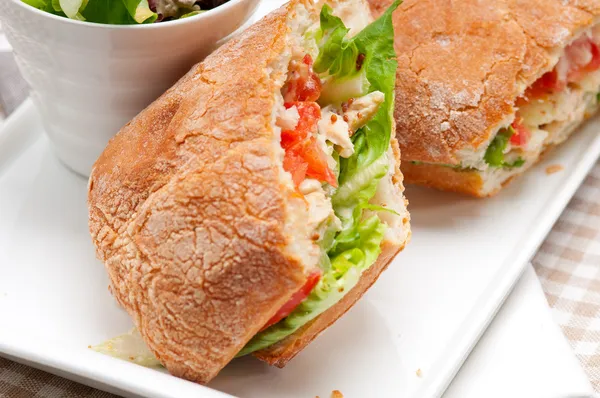 Ciabatta panini sandwich with chicken and tomato — Stock Photo, Image