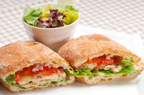 Ciabatta panini sandwich with chicken and tomato — Stock Photo, Image