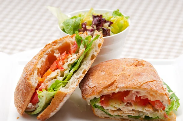 Ciabatta panini sandwich with chicken and tomato — Stock Photo, Image