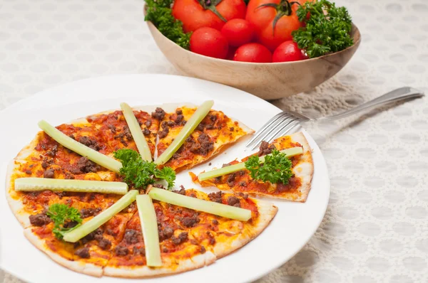 Turkish beef pizza with cucumber on top — Stock Photo, Image