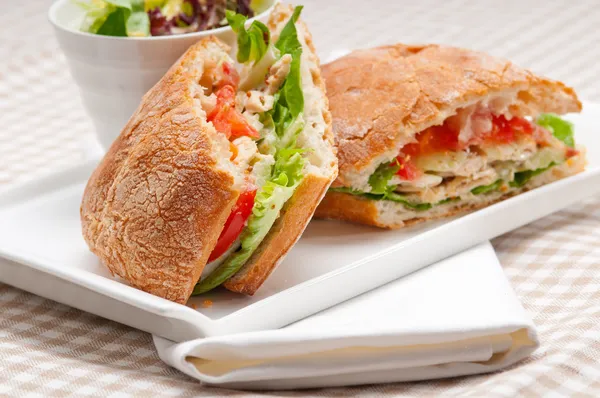 Ciabatta panini sandwich with chicken and tomato — Stock Photo, Image