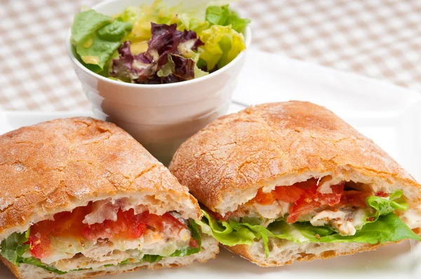 Ciabatta panini sandwich with chicken and tomato — Stock Photo, Image