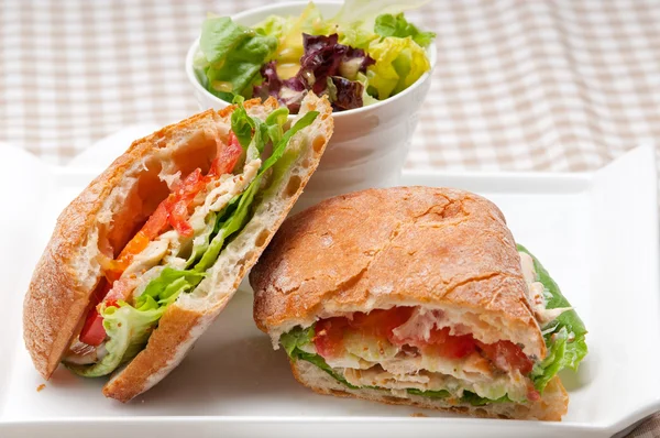 Ciabatta panini sandwich with chicken and tomato — Stock Photo, Image