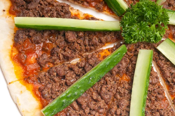 Turkish beef pizza with cucumber on top — Stock Photo, Image