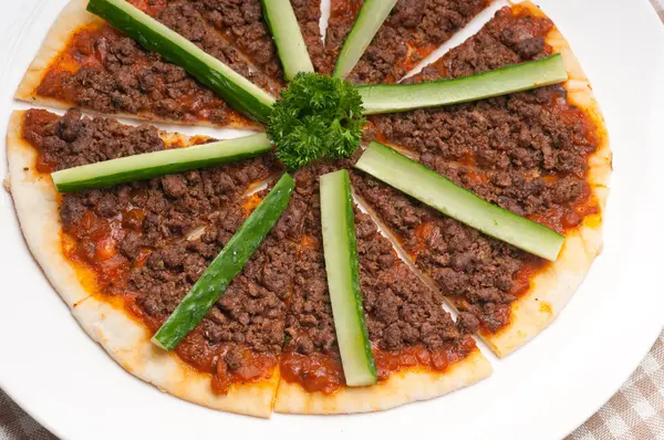Turkish beef pizza with cucumber on top — Stock Photo, Image