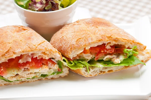 Ciabatta panini sandwich with chicken and tomato — Stock Photo, Image