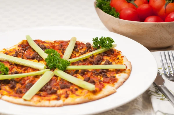 Turkish beef pizza with cucumber on top — Stock Photo, Image