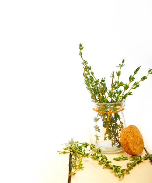 Fresh Thyme Glass Jar White Wood Rustic Table — Stock Photo, Image