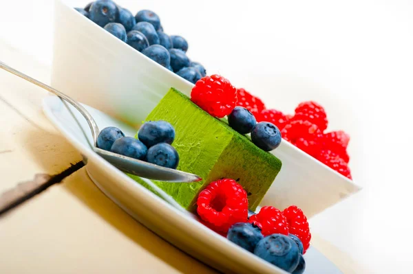 Green Tea Matcha Mousse Cake Raspberries Blueberries Top — Stock Photo, Image
