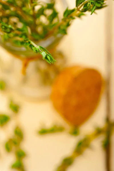 Fresh Thyme Glass Jar White Wood Rustic Table — Stock Photo, Image