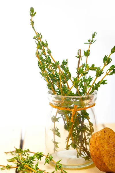 Fresh Thyme Glass Jar White Wood Rustic Table — Stock Photo, Image