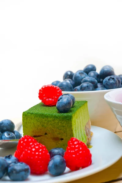 Green Tea Matcha Mousse Cake Raspberries Blueberries Top — Stock Photo, Image