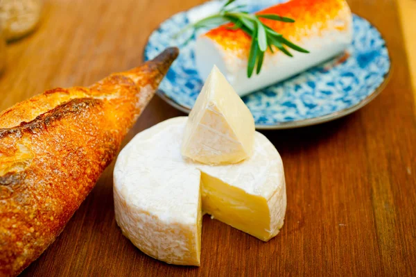 나무를 자르는 프랑스의 치즈와 바게트 — 스톡 사진