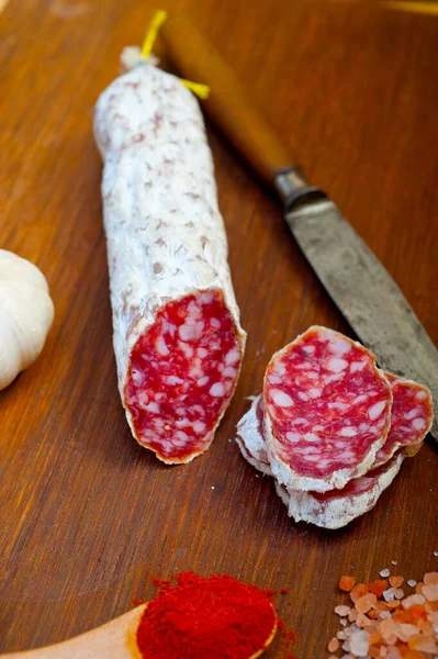 Traditional Italian Salame Cured Sausage Sliced Wood Board — Stock Photo, Image