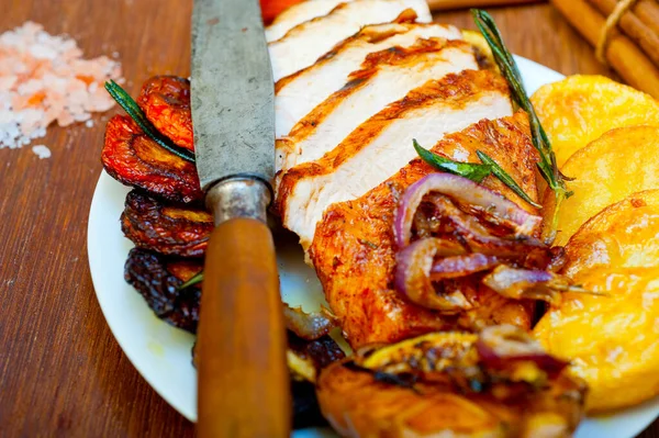 Roasted Grilled Bbq Chicken Breast Herbs Spices Rustic Style — Stock Photo, Image