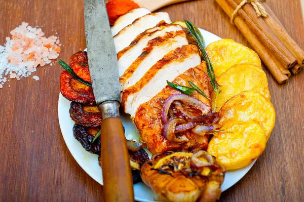 Roasted Grilled Bbq Chicken Breast Herbs Spices Rustic Style — Stock Photo, Image