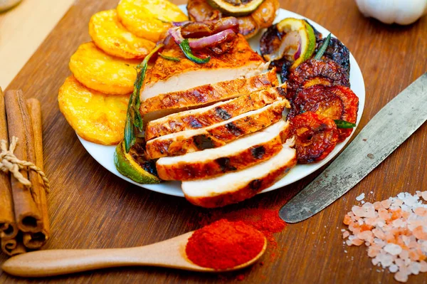 Roasted Grilled Bbq Chicken Breast Herbs Spices Rustic Style — Stock Photo, Image