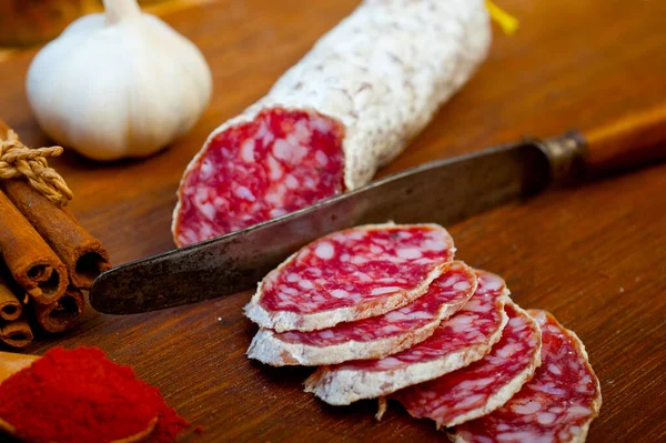 Traditional Italian Salame Cured Sausage Sliced Wood Board — Stock Photo, Image