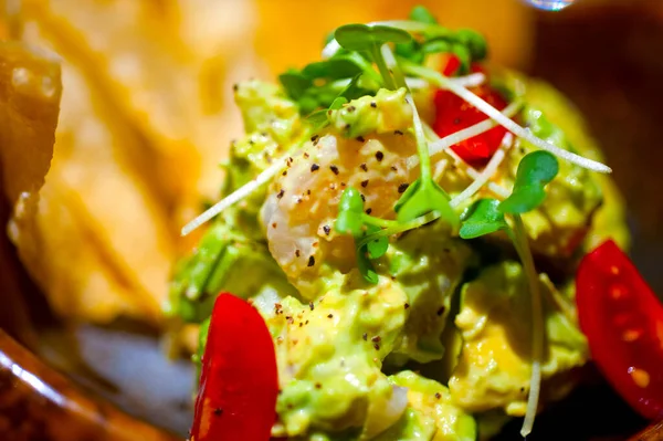 Fresh Avocado Shrimps Salad Nachos Side — Stock Photo, Image