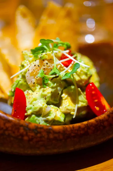 Fresh Avocado Shrimps Salad Nachos Side — Stock Photo, Image