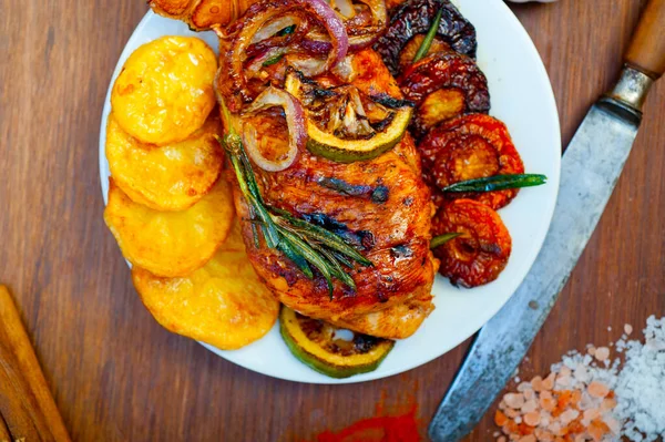 Roasted Grilled Bbq Chicken Breast Herbs Spices Rustic Style — Stock Photo, Image