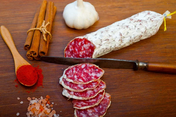 Traditional Italian Salame Cured Sausage Sliced Wood Board — Stock Photo, Image