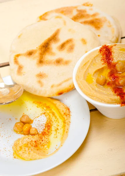 Năut Tradițional Hummus Pâine Pita Ardei Partea Sus — Fotografie, imagine de stoc