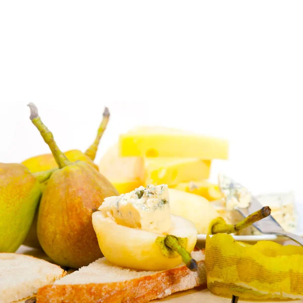 Selection Different Cheese Fresh Pears Appetizer Snack — Stock Photo, Image