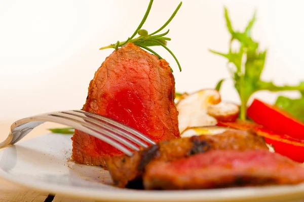 Beef Filet Mignon Grilled Fresh Vegetables Side Mushrooms Tomato Arugula — Stock Photo, Image