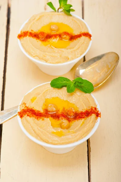 Traditional Chickpeas Hummus Mint Olive Oil Paprika Top — Stock Photo, Image