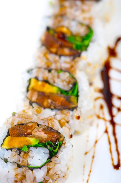 Macro Primer Plano Selección Surtido Combinación Selección Sushi Fresco — Foto de Stock