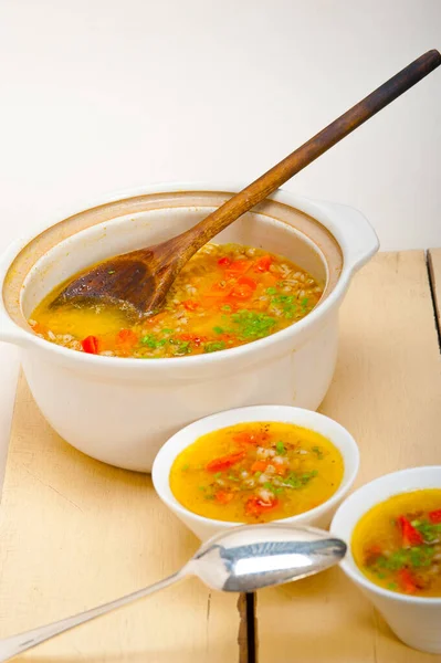 ラマダンの後 Talbina または Tirbiyali の典型的な料理と呼ばれる伝統的なシリア大麦スープ スープ アレッポ スタイル — ストック写真