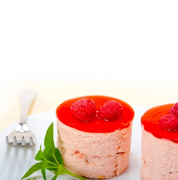 Gâteau Framboise Fraîche Mousse Dessert Forme Ronde Avec Des Feuilles — Photo