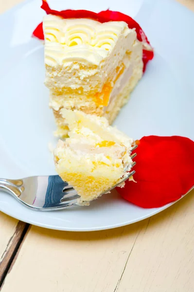 Whipped Cream Mango Cake Red Rose Petals Stock Picture
