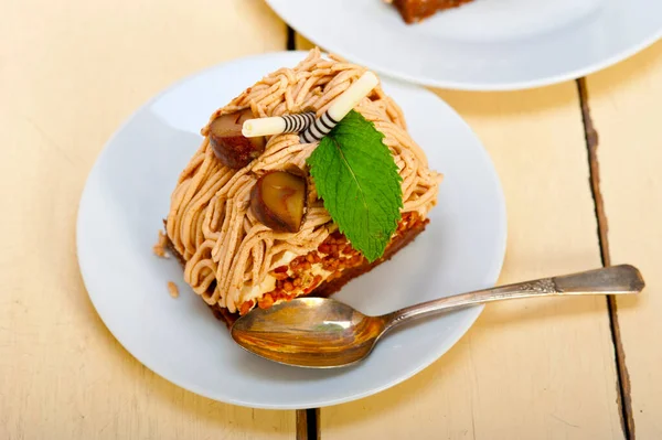 Fresh Baked Chestnut Cream Cake Dessert Rustic White Wood Table — Stock Photo, Image