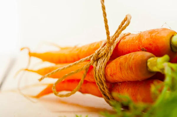 Fresh Baby Carrots Bunch Tied Rope Rustic Table — Stock Photo, Image