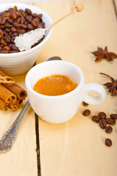 Espresso Coffee White Wood Rustic Table Sugar Spice — Stock Photo, Image