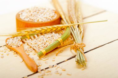 Organik buğday taneleri rustik ahşap masa makro portre üzerinde