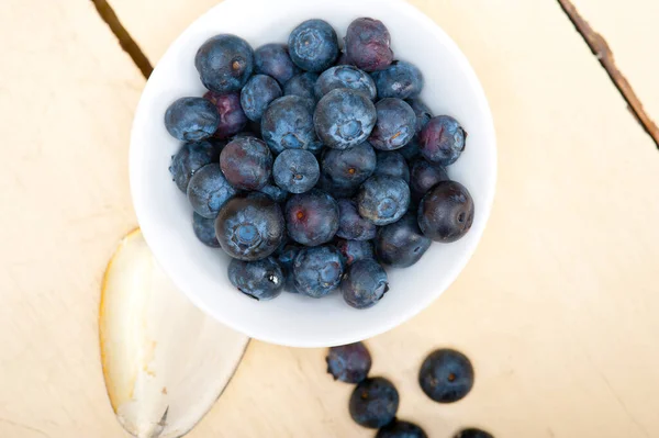 Fresh Blueberry Bowl Silver Spoon Wood Table — Stock Photo, Image
