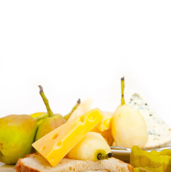 Selection Cheese Fresh Pears Appetizer Snack — Stock Photo, Image