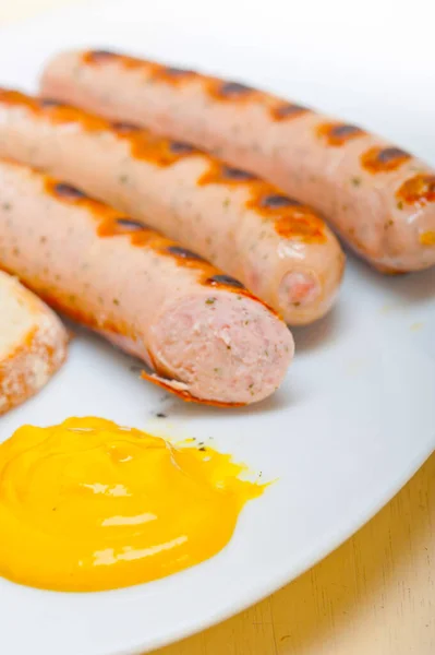 Saucisses Wurstel Allemandes Fraîches Traditionnelles Grillées Moutarde Jaune — Photo