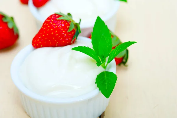 Organic Greek Yogurt Strawberry White Rustic Wood Table — Stock Photo, Image