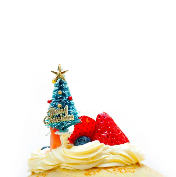 Christmas Tree Top Pancake Crepe Mountain Whipped Cream Strawberry — Stock Photo, Image