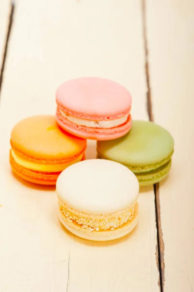 Colorful French Macaroons White Rustic Wood Table — Stock Photo, Image