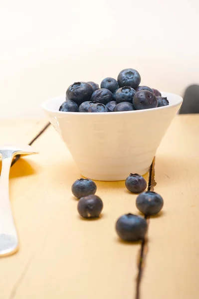 Fresh Blueberry Bowl Silver Spoon Wood Table — Stock Photo, Image